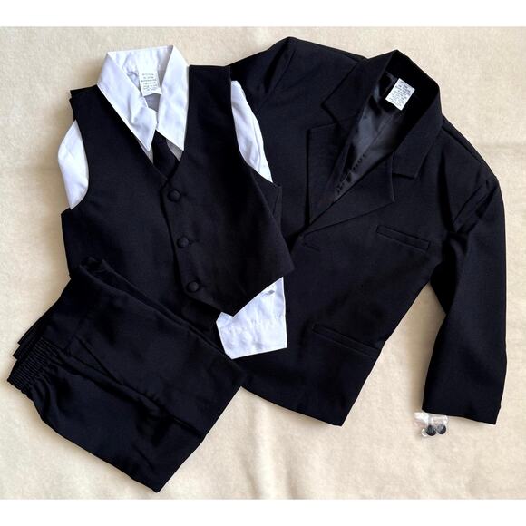 Vintage 90s Suit Set Boys Size 3T Black White Polyester Blend Formal 4-Piece - Picture 2 of 7